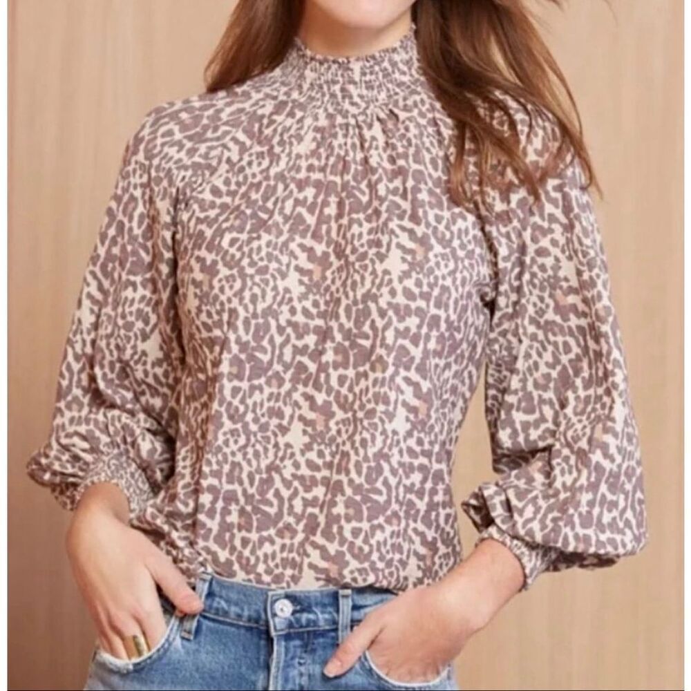 Nation LTD Top Blouse Melanie Smocked Long Sleeve Animal Print Cream Brown Mediu
